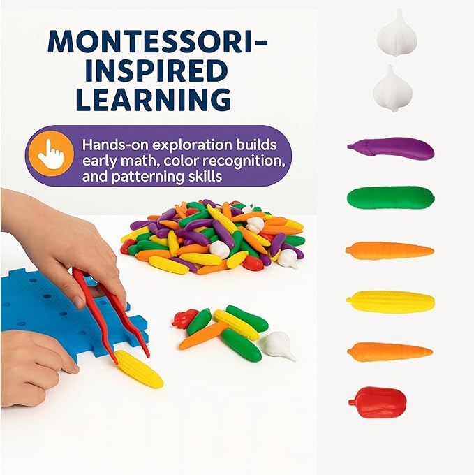 Vegetable Counters – Classify & Count, 144-Piece Montessori-Inspired Math Manipulatives Set with 6 Colors & Vegetable Types for Ages 3+