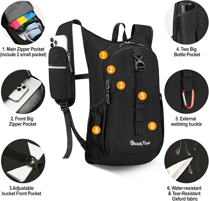 Seektop 15L Small Hiking Backpack for Women Men, Lightweight Hiking Daypack | Water Resistant, Foldable Packable Back Pack with Phone Pocket for Travel Camping Outdoor
