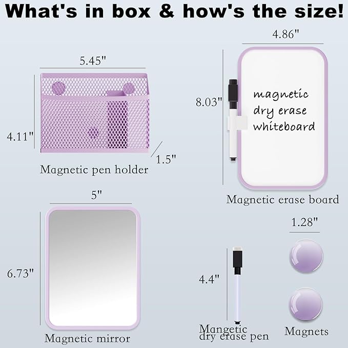 Svartur Locker Accessories for Girls with Magnetic whiteboard, Locker Mirror and Pen Holder, Pink Locker Decoration for School Locker, Back to School Essentials, Purple