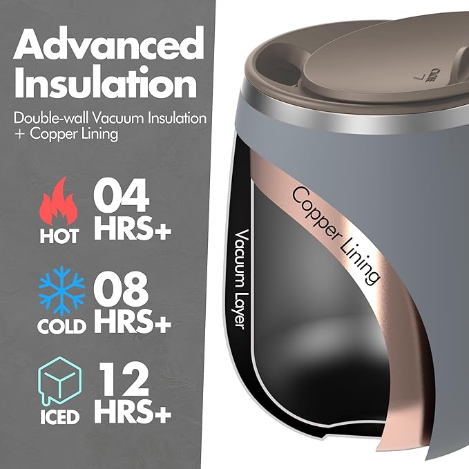 GRANDTIES 16oz Ceramic-Lined Insulated Coffee Mug with Sliding Lid, Wine-Glass Shape Thermal Tumbler with Double Walled Vacuum to Keeps Beverages Hot or Cold (Mist Sage)