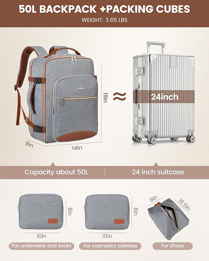 LOVEVOOK Travel Backpack for Women & Men 50L,Airline Approved Carry On Backpack Travel Essentials,TSA Carry on Luggage,Waterproof Personal Item Travel Bag,Suitcase with 3 Packing Cubes,Grey-Brown