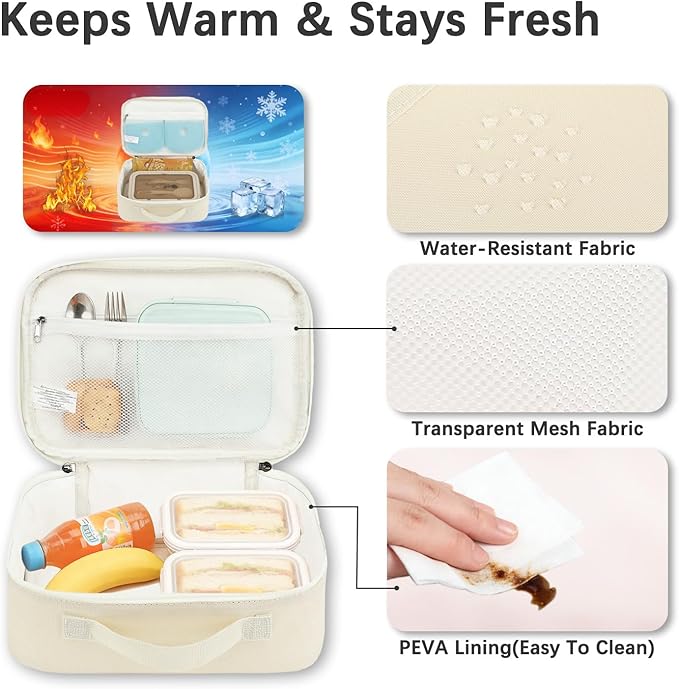 FlowFly Kids Lunch box Insulated Soft Bag Mini Cooler Back to School Thermal Meal Tote Kit for Girls, Boys, Beige