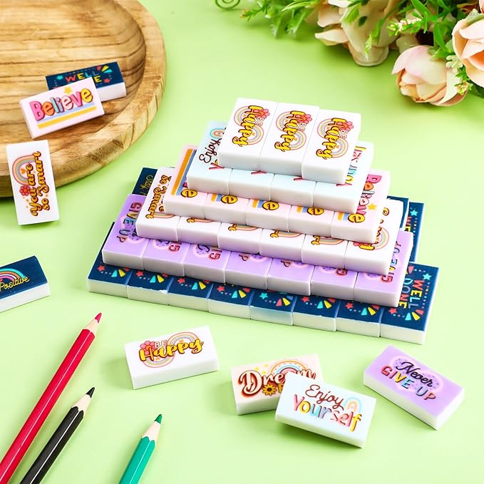 Dunzoom 100 Pcs End of Year Inspirational Pencil Erasers Bulk for Kids Back to School Fun Motivational Eraser School Office Supplies for Students Classroom Office Teacher Artists(Boho)