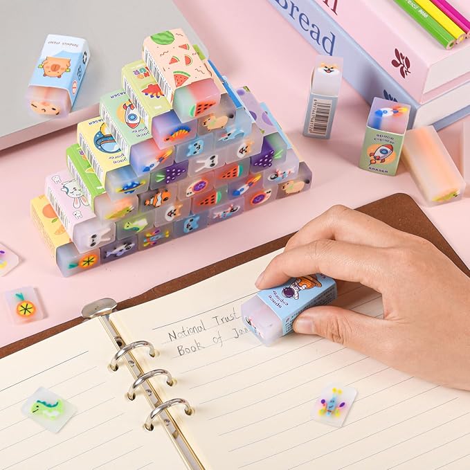 LiYiQ 100-Piece Kawaii Cute Animal Pencil Eraser for Kids, Back to School Supplies, Non-Toxic Rubber, Rectangular
