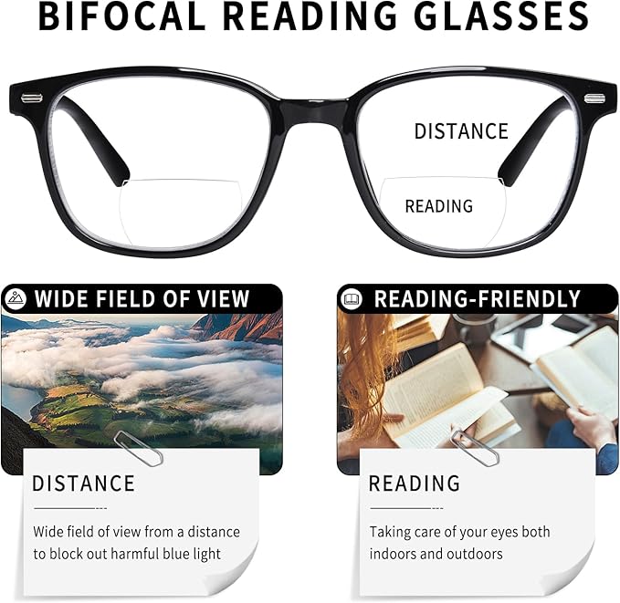 Bifocal Reading Glasses for Women, Blue Light Blocking Computer Readers with Spring Hinges, Retro Square Frame