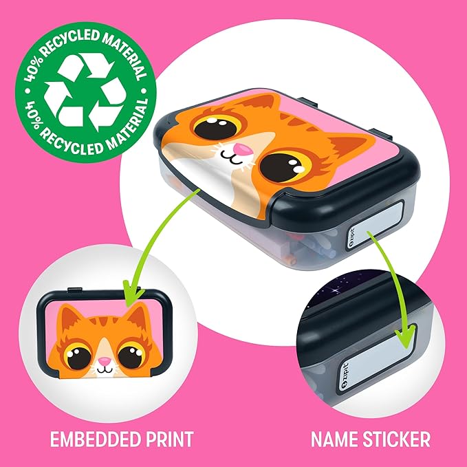 ZIPIT: Recycled Plastic Pencil Box - Kitty - Large Capacity Case, Animal Character Stationery Organizer, School Supplies-Toy Holder, Snap Close, Kids
