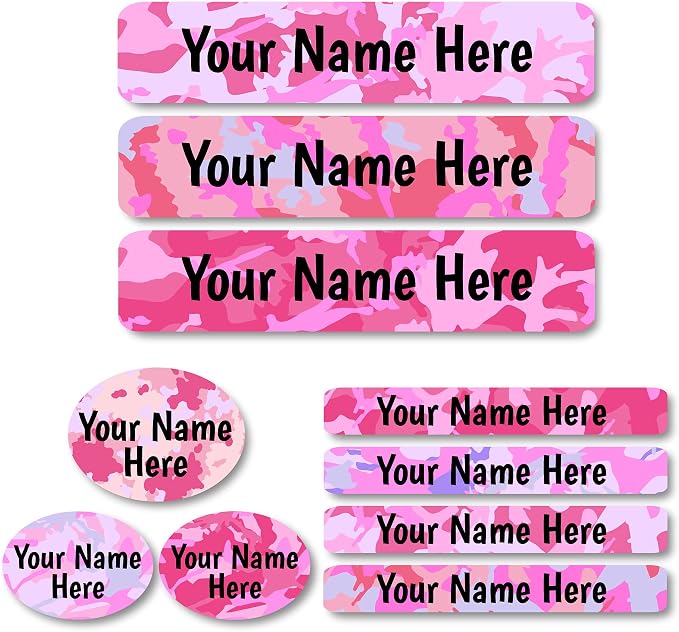 Lovable Labels Personalized Labels for Kids (85 Labels/Pack) - 3 Label Sizes Waterproof Dishwasher Safe Peel & Stick Labels for School Supplies Daycare Camp Clothing Bottles (Camo Chic)