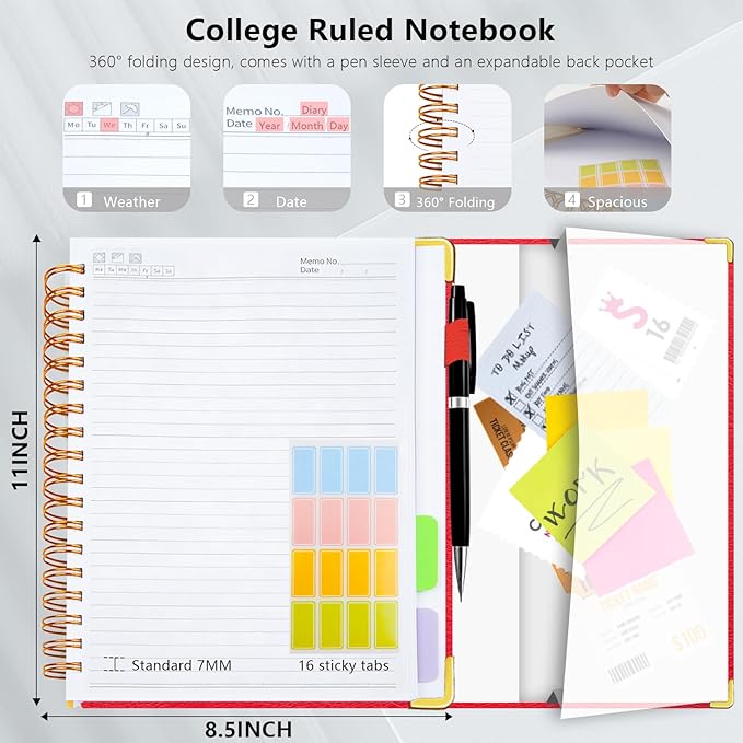 Hardcover Spiral Notebook College Ruled, 8.5"x11" Leather Journal Notebook with Magnetic Closure, 300 Pages 5 Subject Notebook with Dividers Tabs Journal for Women Men, Work, School(Red)
