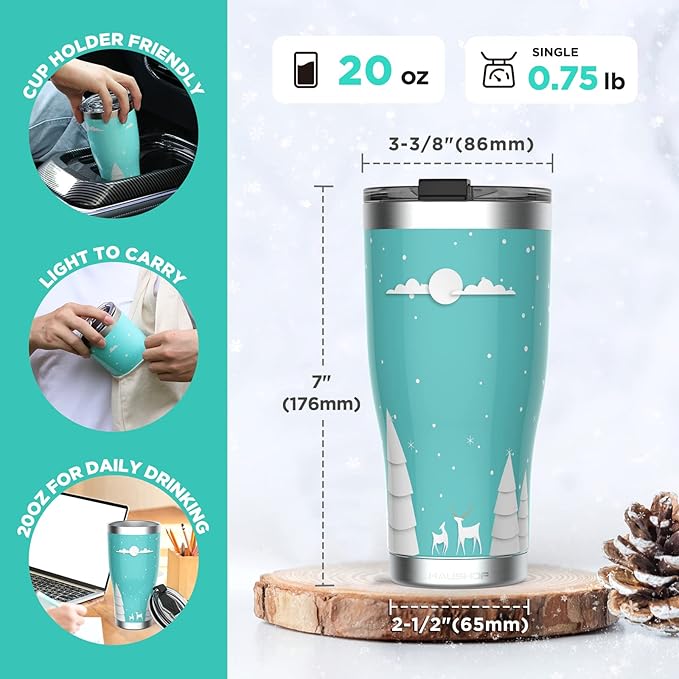 HAUSHOF 20oz Christmas Tumbler, Stainless Steel and Double Wall Vacuum Insulated Travel Coffee Mug with Lid, Good Choice for Gifts-Teal with Christmas Tree