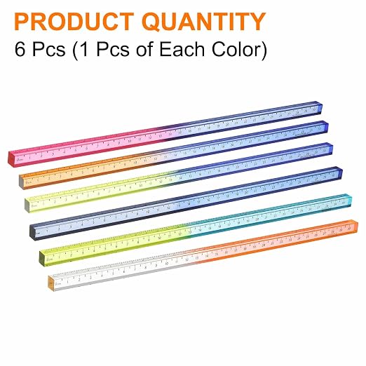 HARFINGTON 6pcs Acrylic Clear Straight Rulers 30cm Metric Transparent Gradient Three-Dimensional Plastic Ruler Square Cube Measuring Tool for Classroom Office, 6 Colors