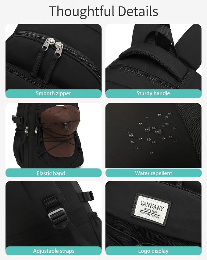 Black Backpack for Teens, Girls School Bookbag Aesthetic 17.3in Laptop Backpack for Commuter Women Students Middle High School, Black