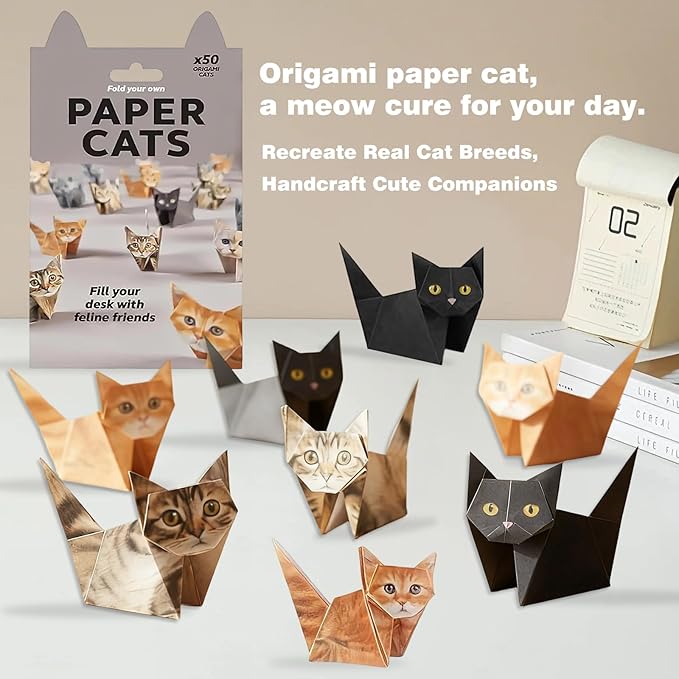 3D Origami Paper Cat Kit-50 Pre-Cut Sheets with Easy Fold Lines for DIY Desk Decor | Creative Crafts,Unique Stocking Stuffers&Fun Gift for Cat Lovers
