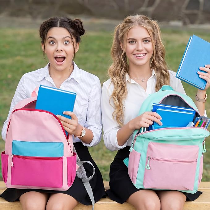 17'' Backpacks Bulk with Supplies Stationery Kits, Printed Bookbags and Writing Accessories Kit for Donation(Color Block,6 Pack)