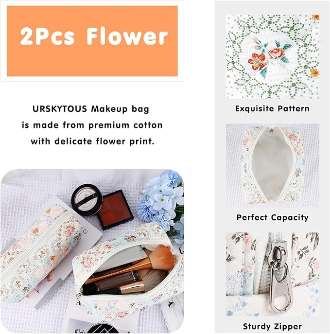 URSKYTOUS 2Pcs Cotton Quilted Makeup Bag for Women Girls Coquette Small Floral Cosmetic Bags Cute Zipper Pencil Pouch Aesthetic Makeup Pouch Trendy Cloth Bee&Flower Travel Toiletry Skincare Bag