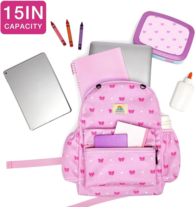 STEAMEDBUN Corduroy Kids Backpack for Girls and Boys 5-8: Girls Backpack for Elementary Kindergarten - 15 inch Cute Backpacks for Kids - Pink Bow