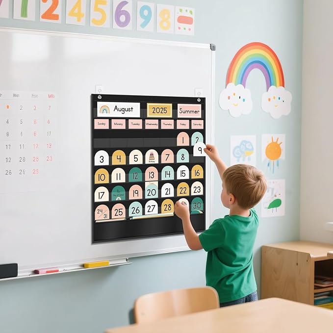 Rainbow Classroom Calendar Pocket Chart with 90 Cards, Monthly Calendar and Weather Pocket Chart for Easy Learning, Calendar Pocket Chart for Classroom, Preschool and Home, 23.5" x 20"