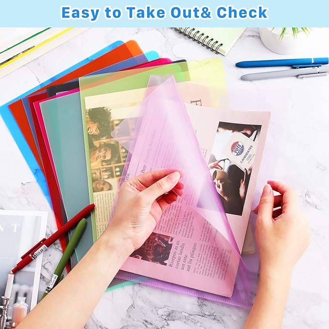 45PCS Clear Document Folders,Clear Colored Plastic Folders,10 Colors Plastic Project Pockets,A4 Letter Size Transparent File Folders,L-Type Plastic Sleeves for School Office Supplies,12.2" x 8.7"