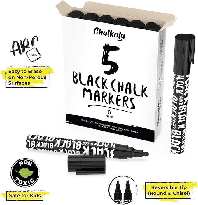 Chalkola Black Chalk Markers - Liquid Dry Erase Marker Pens for Bistro, Chalkboards Signs, Windows, Blackboard, Glass - 6mm Reversible Tip (Pack of 5)