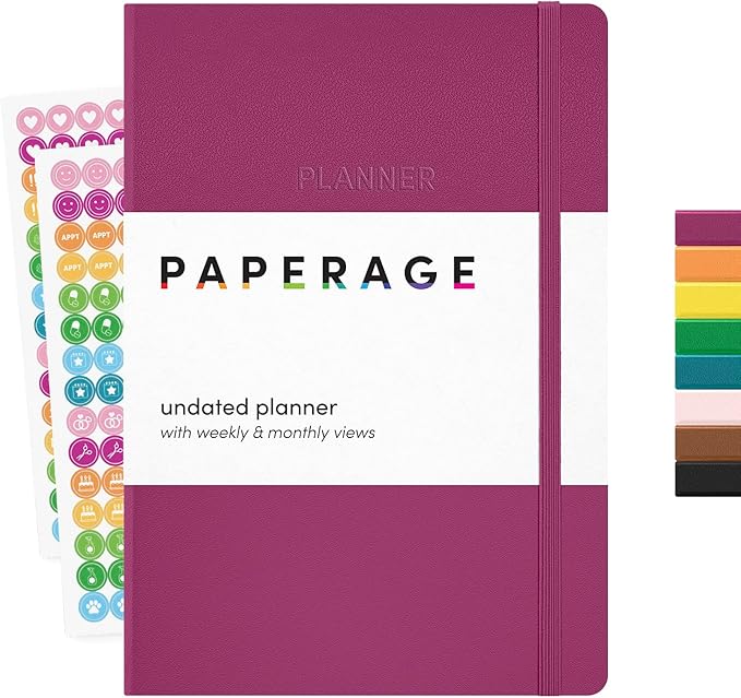 PAPERAGE Undated Weekly & Monthly Hardcover Planner (Raspberry), 5.6 in x 8 in, Includes Lined Note Pages & 2 Sticker Sheets