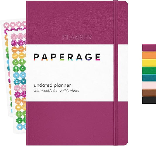 PAPERAGE Undated Weekly & Monthly Hardcover Planner (Raspberry), 5.6 in x 8 in, Includes Lined Note Pages & 2 Sticker Sheets