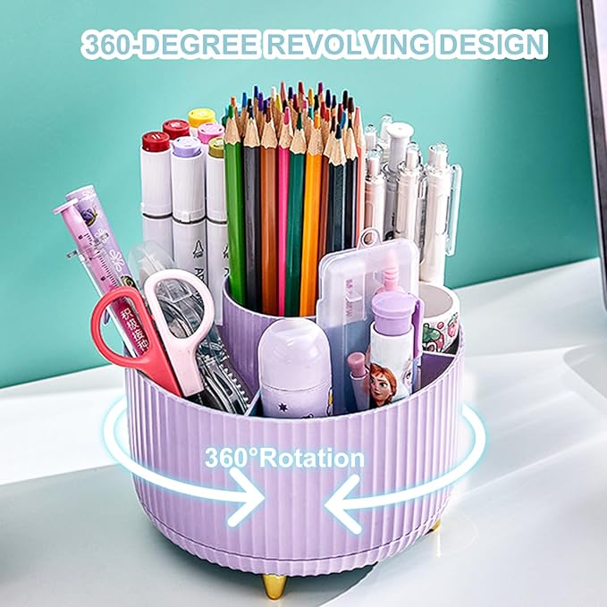 Cayxenful Pencil Holder For Desk,5 Slots 360°Degree Rotating Desk Organizers And Accessories,Desktop Storage Stationery Supplies Organizer, Cute Pencil Cup Pot For Office, School, Home (I-Purple)