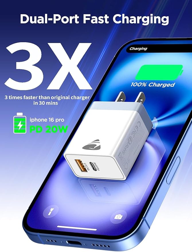 USB C Charger Block, Type C Fast Charging Blocks [PD 20W USB-C & QC 3.0 USB-A Port] USB Wall Plug Cube Wall Adapter USBC Charger Block Compatible with iPhone 16 15 14 13 12 11 Pro Max XR XS 8, Samsung