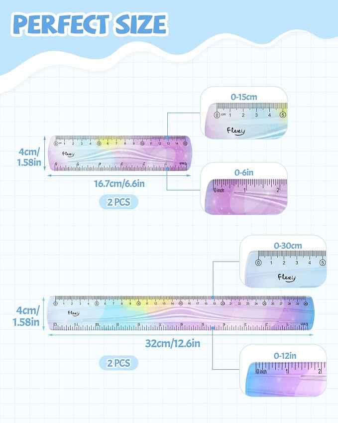 12 Inch & 6 Inch Flexible Ruler, Bendable Plastic Ruler, Soft Bendable Gradient Color Rulers with Centimeters and Inches for Student School Classroom Office Supplies (4 PCS)