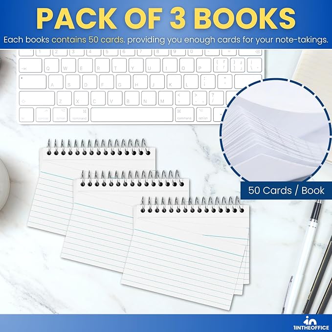 1InTheOffice Spiral Index Cards 3x5 Ruled, Spiral Bound, 50 White Cards/Spiral (3 Pack)