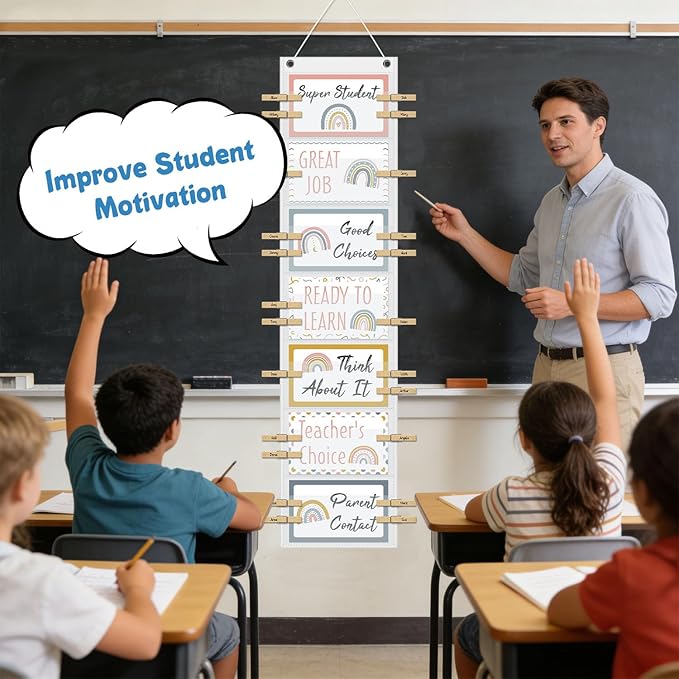 Student Behavior Clip Chart for Classroom Management Kids,Reward Chart for Kids Hanging Bulletin Board Teacher Supplies for School Preschoo (White)