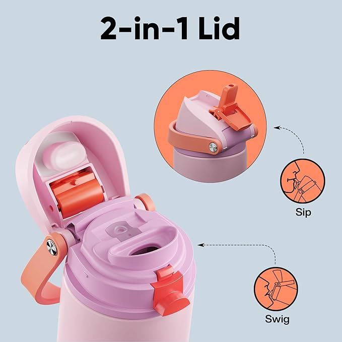 Insulated Water Bottle with Straw - Encool Stainless Steel Water Bottle with Push Button Lid, Leak-Proof & BPA-Free, Keeps Cold for 24 Hours for Sports, Travel, Gym (18 oz, Lily-Red)