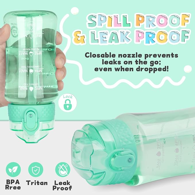 OLDLEY 12oz Kids Water Bottle, Tritan BPA-Free, Leakproof Flip Straw Lid, Motivational Time Marker, Carry Strap, Reusable Clear Water Bottle for Boys & Girls,Glow Green
