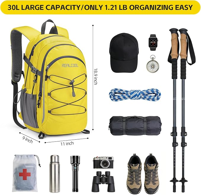 RealCool 30L Lightweight Hiking Backpack, Waterproof Daypack for Camping | 210D tear-resistant nylon, breathable shoulder and back panel, Multi-Compartment,hydration system,reflective strip,bungee net