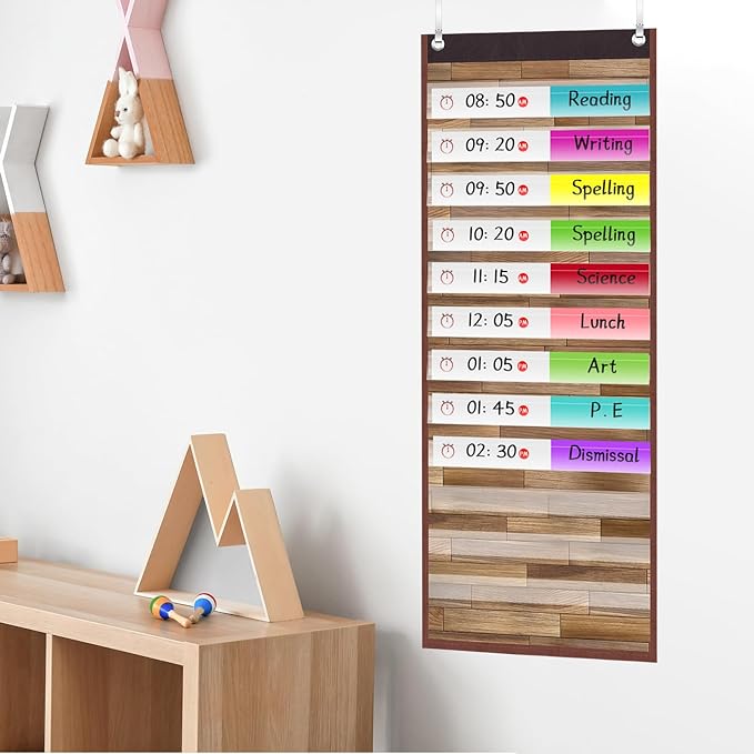 Ctosree 2 Pcs Wood Grain Daily Schedule Pocket Chart 14 Pocket Chart with 4 Hanging Hooks Toddler Schedule Chart Daily Schedule for Kids Preschool Teacher Supplies Pocket Chart for Classroom Office