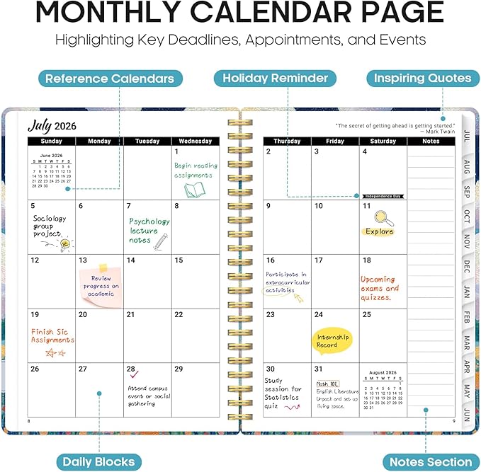 Planner 2026–2027, Academic Monthly Weekly Spiral Calendar, July 2026 – June 2027, Hardcover Agenda Notebook with Tabs, 6.3" x 8.5", Perfect for Students, Teachers, School & Daily Planning - Balloon Valley