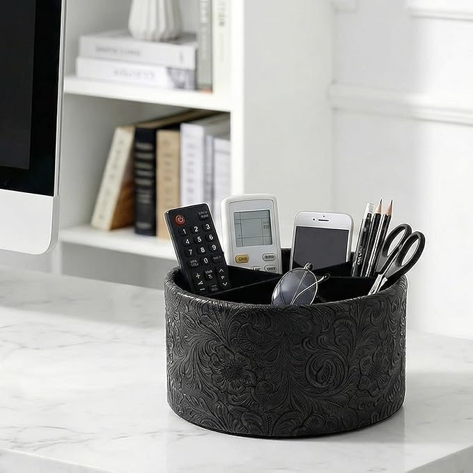 Remote Control Holder, 360°Spinning PU Leather Desk TV Remote Caddy,Desk Storage Box Room Accessories for Controller, Media,Mail,Calculator, Mobile Phone,Pencil(1-Carved Black)