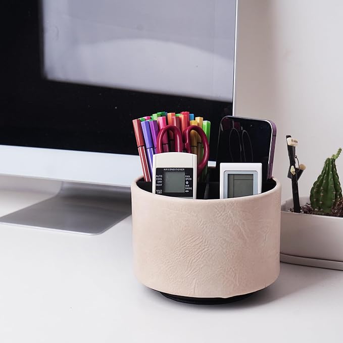 Round Leather Art Supply Organizer,Remote Control Holder,360 Degree Spinning,Multi-Functional Pencil Holder,4 Compartments Desktop Stationary Organizer(1-Crazy White)