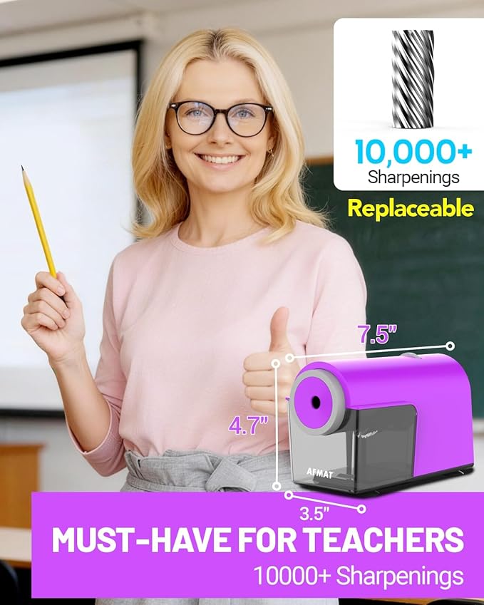 AFMAT Electric Pencil Sharpener, Fully Automatic Pencil Sharpener for 6.5-10.5mm No.2/Jumbo/Colored Pencils, Auto in & Out, 5 Sharpness Modes, 10000+ Sharpenings for Classroom Home Office,PSC5(Purple)