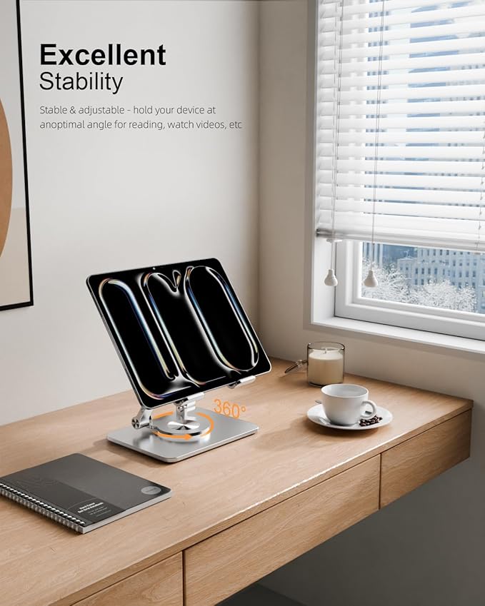 Orlian Tablet Stand Holder with Thickened 360°Rotating Base Dual Rod Adjustable Aluminum Stand for All 5.8-12.9” iPad Samsung Phone Tablet Kindle E-Reader and More, Silver