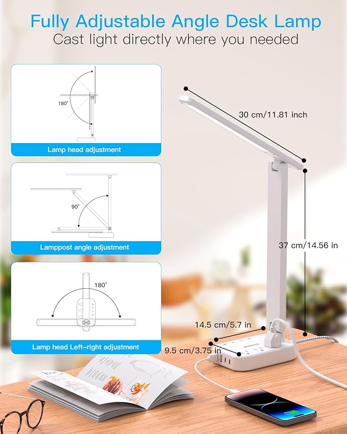 One Beat Small LED Desk Lamp Power Strip 10ft Extension Cord, 3 Outlets 4 USB Ports(2 USB C), 4 Modes, 5 Level Touch Lamp, Study Reading Light, Home Office Bedroom College Dorm Room Essentials, White