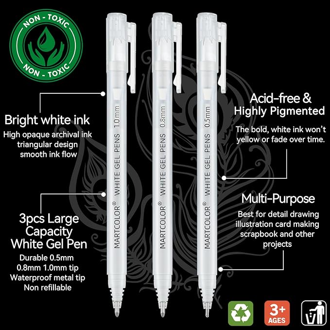 MARTCOLOR White Gel Pens, 05/08/10mm Assorted Tip Opaque Archival Ink Pen for Journaling, Art, or Drawing - For Holiday Gifts & DIY Projects, White Gel Pens for Art Highlight, 3 Pack