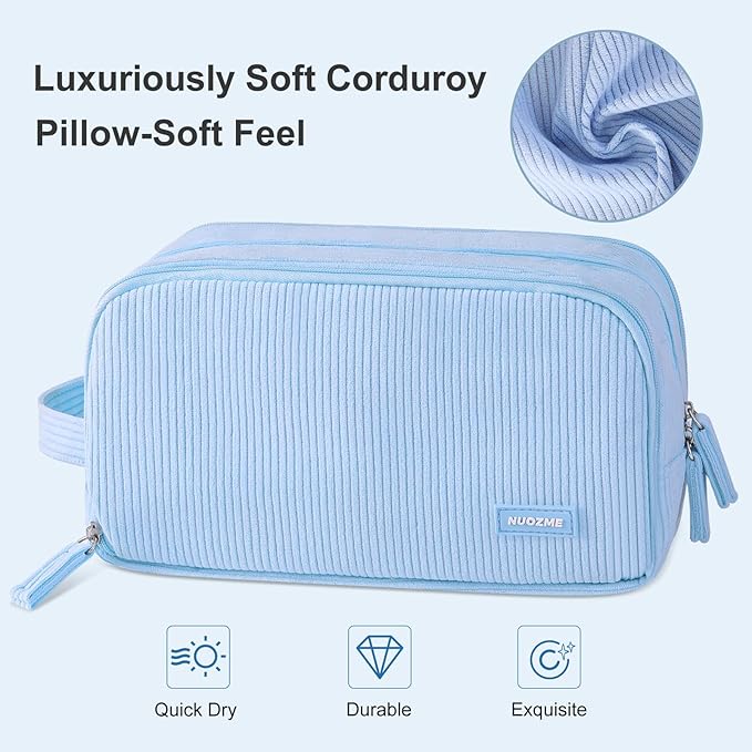 3 Compartment Pencil Case, Extra Large Capacity School Supplies Pencil bag with Easy Handle, Soft Corduroy Pencil Pouch, Aesthetic Supply Pen Case Bag Organizer For Teen Girls College (Blue)