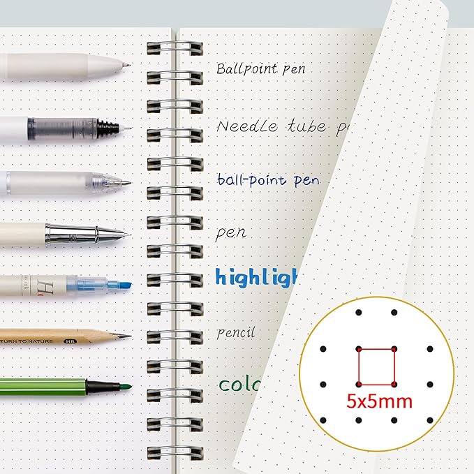 EMSHOI Dotted Journal Spiral Notebook, 300 Pages, B5 Large 7.48"x10.15", 100 GSM Thick Paper, Flexible Plastic Cover, 5mm Dot Grid Notebook for Journaling, Planning, Drawing, Writing, Green