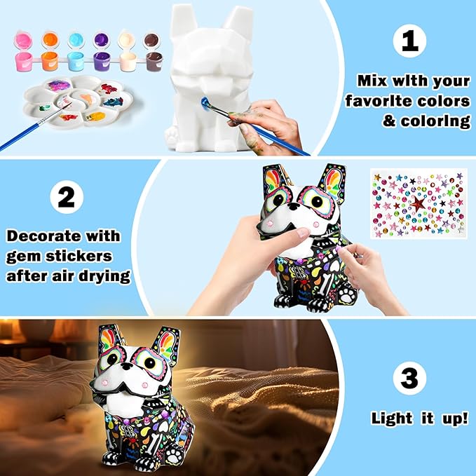 FUNZBO Paint Your Own Dog French Bulldog Lamp Kit - Arts and Crafts Supplies Painting for Kids Teens, DIY Night Light Dog Toy for Girl Boy 3 4 5 6 7 8 9 10 11 12 Birthday Gifts