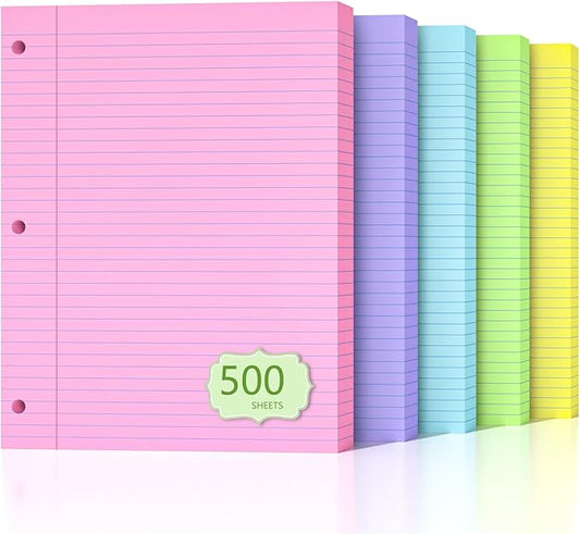 500 Sheets Loose Leaf Paper 8" x 10.5" Colored Filler Paper College Ruled 3-Hole Punched Lined Paper Notebook Paper for 3-Ring Binders Notepad Writing Note Pads Ideal for Home, School, Office