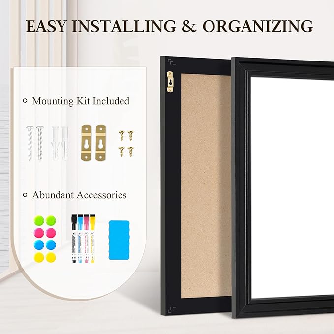 4 THOUGHT Magnetic Whiteboard 36" x 24" Dry Erase Board Wood Frame Wall-Mounted Decorative White Board Monthly Planner Notice Board for Home Office School with 8 Magnets 4 Markers 1 Eraser, Black