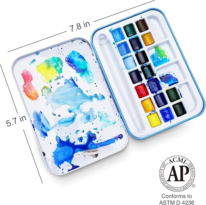 AUREUO Blue Watercolor Set - Marine Ocean Watercolor Paint Set with Brushes, Watercolor Postcards, Masking Pen, Tote Bag - Water Color Painting Kit for Adults, Beginners, Professional