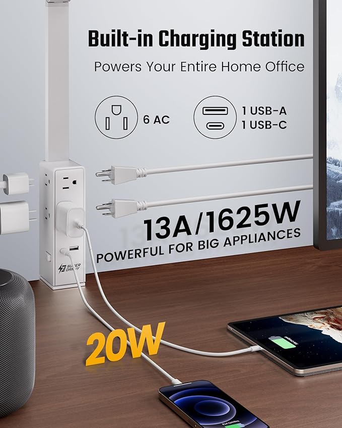 SUPERDANNY LED Desk Lamp with Power Strip (6 Outlets, 1 USB, 1 Type-C) for Home Office, Desk Light Computer Light with Clamp, Architect Desk Lamp with Smooth Dimming 5 Colors (White)