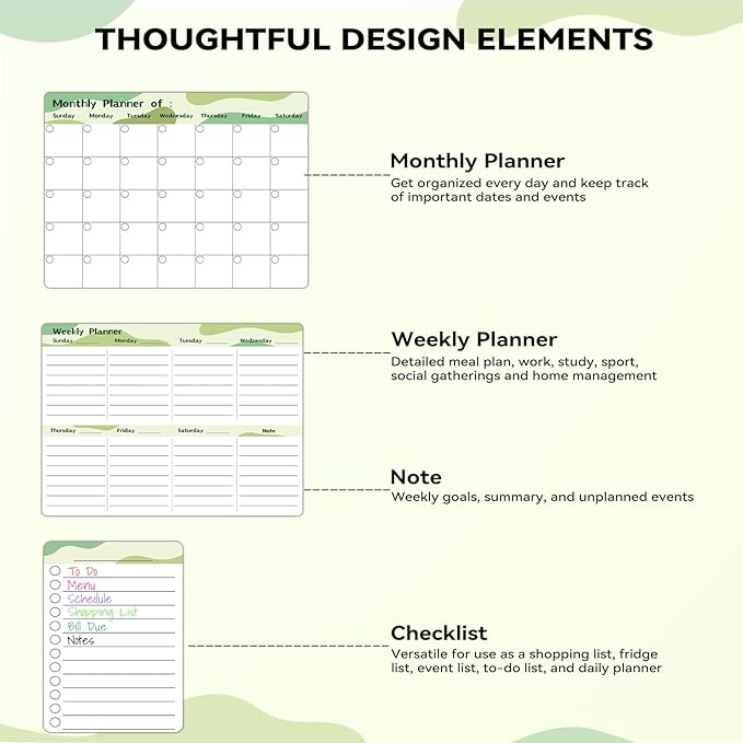 Marsrock Dry Erase Magnetic Calendar for Refrigerator (3 Pack) - Monthly & Weekly & Daily Planner Magnet Whiteboard for Fridge - Shopping, To Do List, Meal/Menu, Schedule Planning Board,14"x11", Green