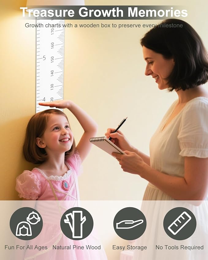 6.5FT Growth Chart for Kids with Wooden Keepsake Box - HZZHE Children Height Measurement Kit Includes Marker Pen & Wall Hook, Height Tracker Ruler Baby Essentials, Nursery Room Decor for Baby to Teen