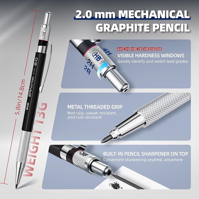 WUO 36PCS Art Mechanical Pencil Set with Storage Case, Metal Drawing Pencil | 0.5, 0.7, 0.9mm & 3PCS 2mm (2H HB 2B 4B Color) & 432 Lead Refills, 1 Eraser Pen, Artist Tech Pencils for Sketching, Drafting